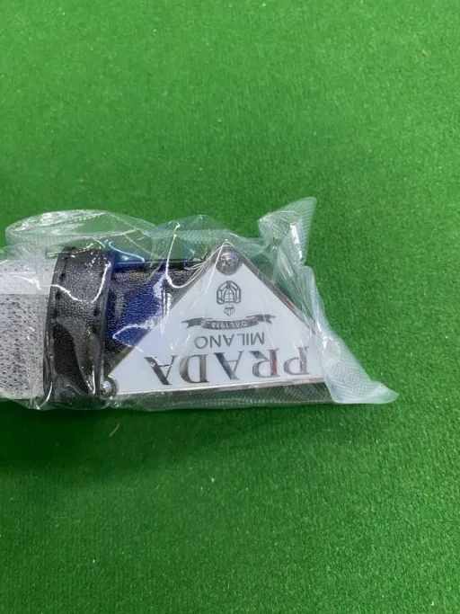 P-shaped silver buckle with black belt on white background
